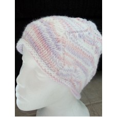 Hand knitted elegant lace pattern beanie/hat   white with lavender/pink  eb-29258154